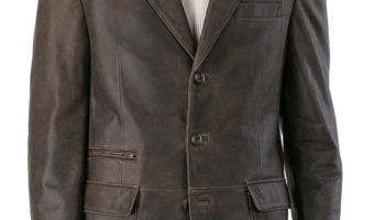 Men's Distressed Cowhide Three-Button Leather Blazer in Distressed Brown