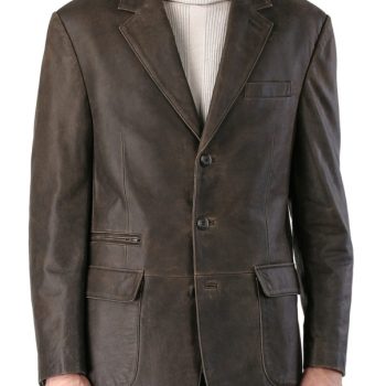 Men's Distressed Cowhide Three-Button Leather Blazer in Distressed Brown