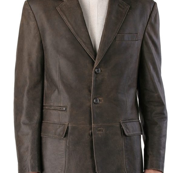 Men's Distressed Cowhide Three-Button Leather Blazer in Distressed Brown