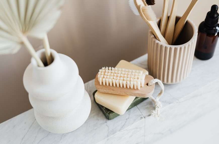 set of natural toiletries on marble counter