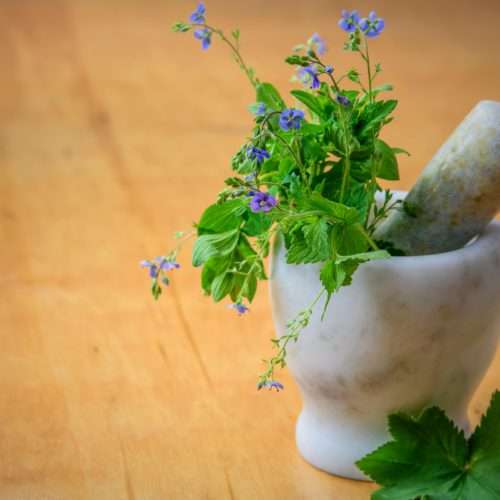 hydrogen water and purple flowers in a mortar and pestle