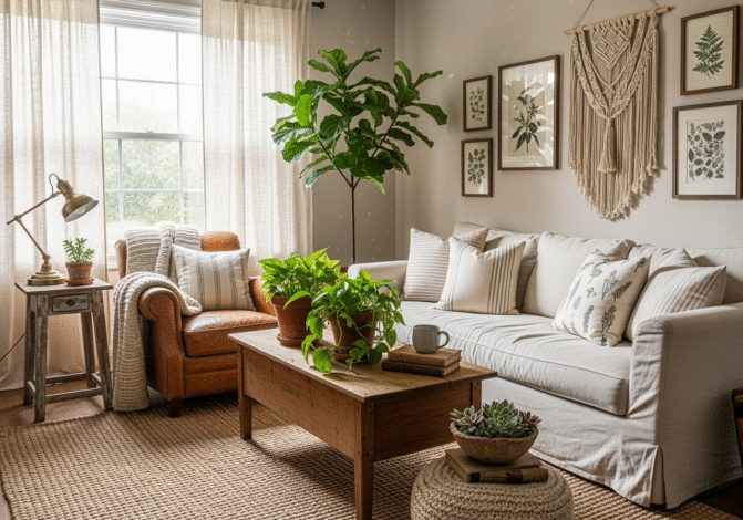 cozy farmhouse living room with natural textiles, vintage furniture, and lots of plants - eco-friendly farmhouse