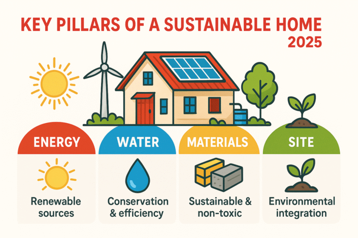 Key Pillars of a Sustainable Home: Energy, Water, Materials, and Site - eco-friendly farmhouse infographic