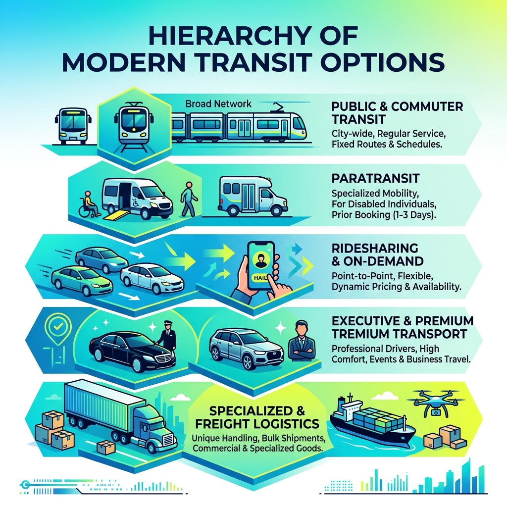 hierarchy of modern transit options - transportation services infographic