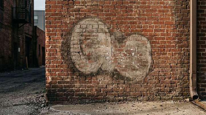 A weathered brick wall shows the faint, shadowy outline from a failed graffiti removal job, a permanent stain on the surface known as ghosting.